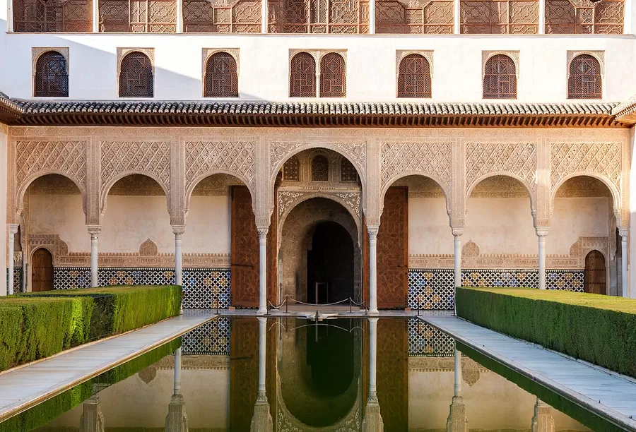 Court of the Myrtles with its reflecting pool in the Alhambra, Granada