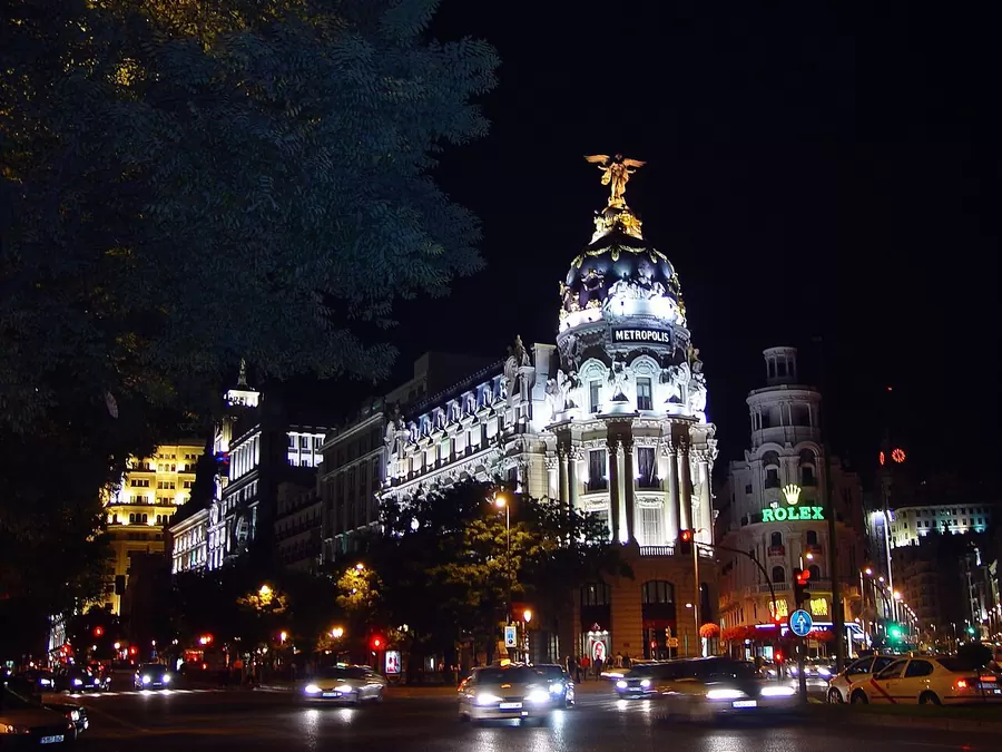 The domed Metrópolis Building on Gran Vía in central Madrid