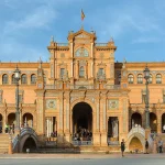 Main building of Plaza de España in Seville in late-afternoon light