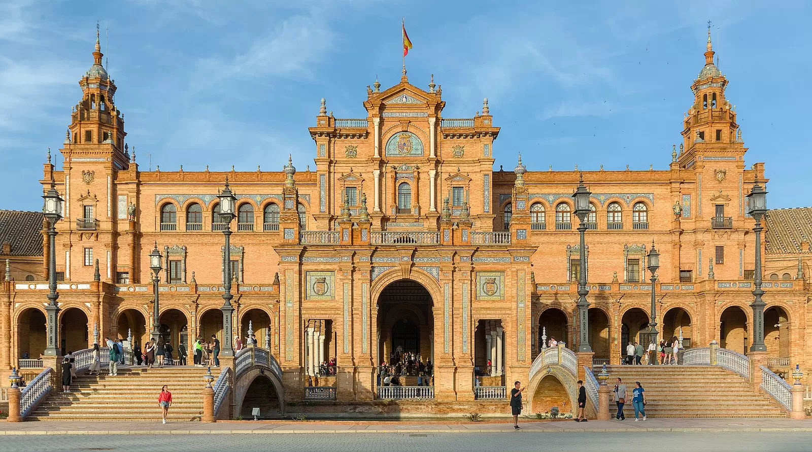 Main building of Plaza de España in Seville in late-afternoon light
