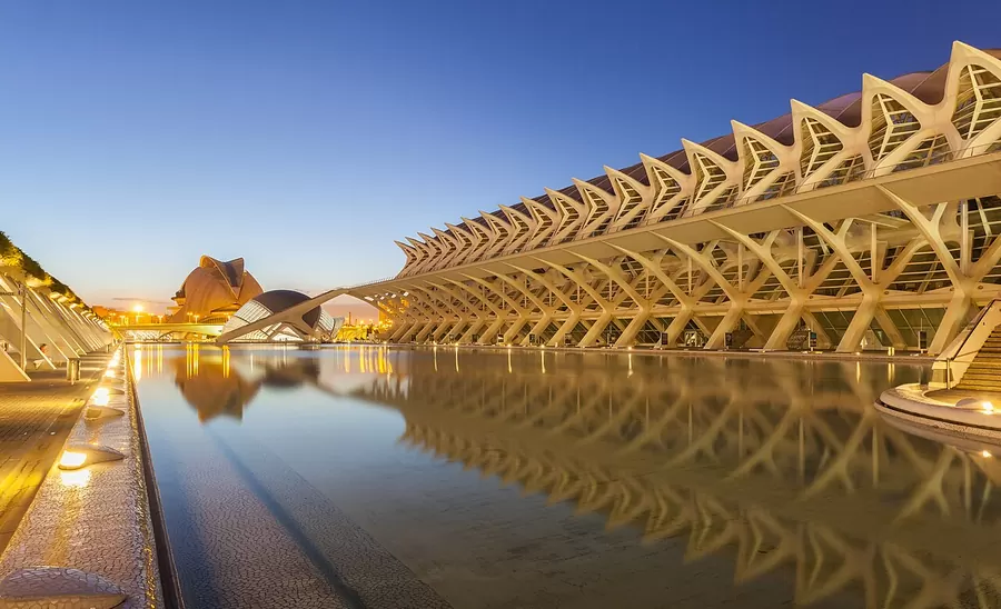 Príncipe Felipe Science Museum and the Hemisfèric at the City of Arts and Sciences in Valencia at dusk